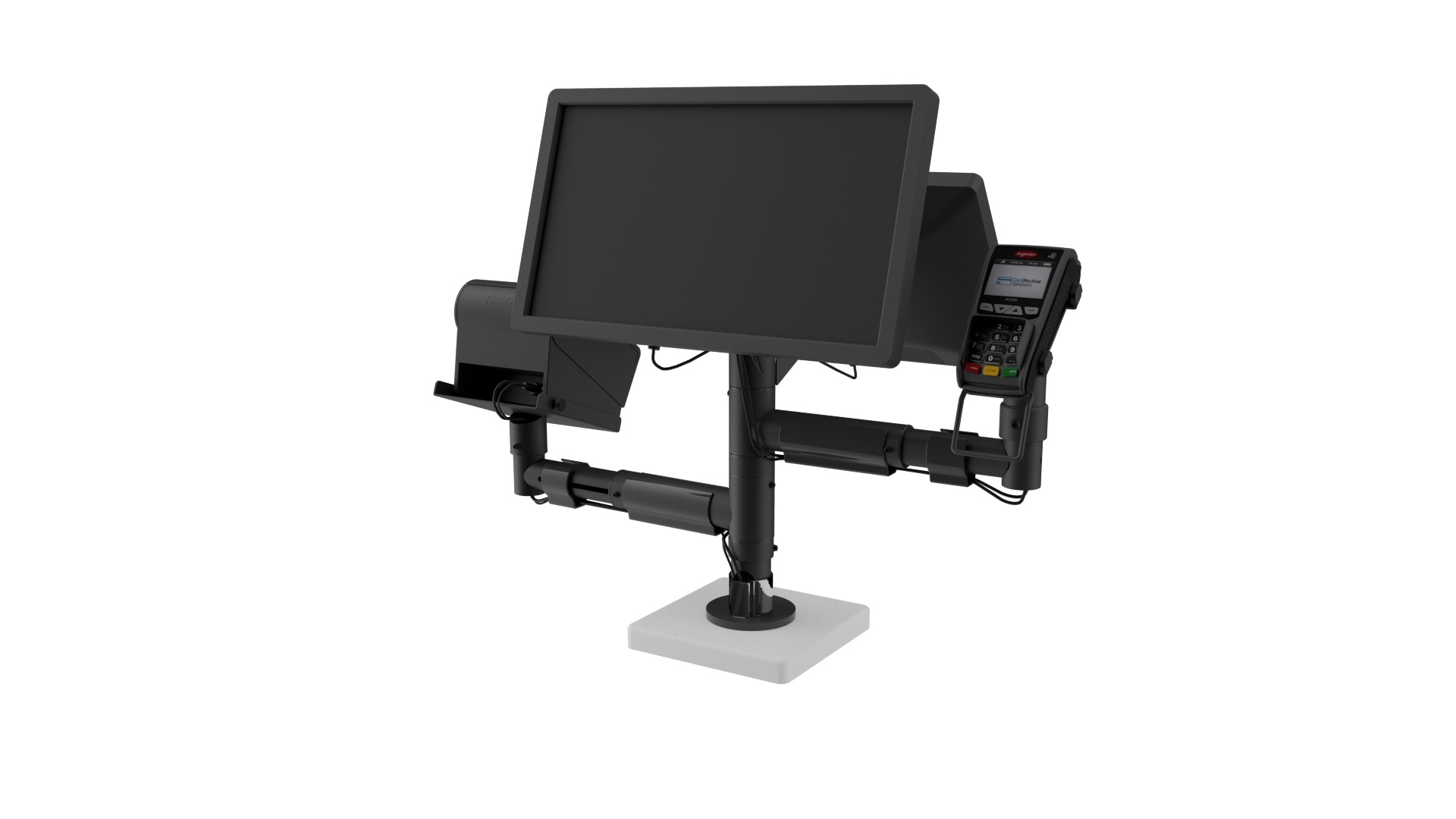Point of sale mount  with back to back 75/100 VESA holders and two arms